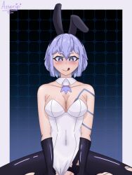 1girls assarigi atlus black_gloves black_legwear blush blush_lines blushing_at_viewer bunny_ears bunny_girl bunnysuit devil_survivor_2 dominant_female female female_focus female_on_top female_only latex megami_ibunroku_devil_survivor megami_tensei purple_eyes purple_hair shiny_clothes star_eyes tico tico_devil_survivor_2 tongue unifrom white_body white_bunnysuit white_skin