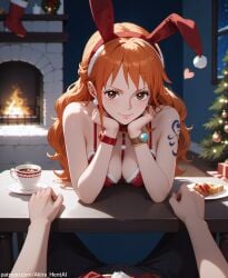 ai_generated akira_hentai big_breasts bunny_ears christmas christmas_clothing christmas_outfit christmas_tree date date_night dining female looking_at_viewer male nami_(one_piece) one_piece red_bra sitting_at_table thick_breasts