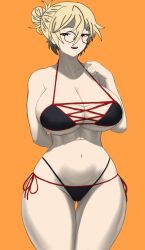 1girls beelceteam beelceverse belly belly_button big_breasts bikini bikini_top glasses huge_breasts jackreaper la_puta_de_zawa looking_at_viewer thick_legs thick_thighs wide_hips yellow_hair