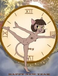 2024 anthro bangs black_eyes breasts claws clock dbaru domestic_cat feet felid feline felis female finger_claws fireworks genitals hi_res holidays humanoid_feet ivy_pepper lackadaisy mammal new_year new_year_2025 nipples nude plantigrade pose pussy raised_leg roman_numeral solo toe_claws yellow_sclera