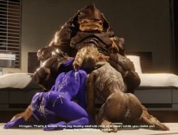 1boy 2girls 3d alien alien_girl aria_t'loak bisexual bisexual_(female) cheap-wazoo comic interspecies krogan mass_effect mff_threesome nyreen_kandros threesome