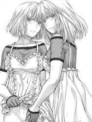 2girls blush bottomless clothes_lift commentary_request dress fingering frills gloves grey_hair highres incest looking_at_viewer medium_hair monochrome multiple_girls off-shoulder_shirt off_shoulder original parted_lips pussy_juice shirt short_hair short_sleeves siblings skirt skirt_lift sweat takekawa_shin twins vaginal_penetration yuri