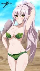 ariane_glenys_lalatoya blush blushing elf elf_ears elf_female elf_girl female gaikotsu_kishi-sama_tadaima_isekai_e_o_dekake-chuu green_bikini green_swimsuit green_swimwear grey_hair grey_hair_female indexryo leaf_bikini leaf_bra leaf_clothing leaf_on_breast ponytail ponytail_female smile swimsuit swimwear yellow_eyes