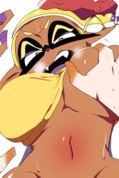 big_breasts breast_grab breasts chicken_rib clothes_lift dark-skinned_female frye_(splatoon) grabbing grabbing_another's_breast grabbing_breasts inkling inkling_girl large_breasts navel nintendo open_mouth pointy_ears splatoon splatoon_(series) splatoon_3 sweat tentacle tentacle_hair yellow_hair