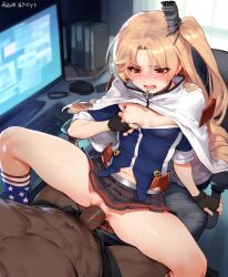 ai_generated azur_lane blonde_hair blush cleveland_(azur_lane) clothed_sex dark-skinned_male grabbing_breasts office_chair open_mouth red_eyes sex