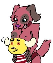 2024 absurd_res animal_crossing anthro benjamin_(animal_crossing) boob_hat breasts canid canine cherry_(animal_crossing) digital_media_(artwork) duo exposed_breasts female flustered fur hi_res looking_down male male/female mammal nintendo ponyblower red_body red_fur simple_background size_difference tail tongue tongue_out white_background yellow_body yellow_fur