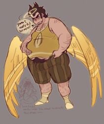 1boy adam_(hazbin_hotel) angel_wings annoyed_expression averrbaverr brown_hair bulge bulge_through_clothing bulge_under_clothes chubby chubby_male colored dialogue dialogue_bubble flaccid grabbing_belly hairy hairy_arms hairy_chest hairy_legs hairy_male halo happy_trail hazbin_hotel male_only socks solo solo_focus solo_male the_first_man vivziepop yellow_eyes