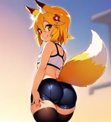 1girls ai_generated ai_hands ass ass_bigger_than_head ass_focus black_thighhighs blue_shorts butt_bigger_than_head butt_focus crop_top evening female female_focus female_only fox_ears fox_girl fox_tail from_behind from_below gym_clothes gym_clothing gym_shirt gym_shorts gym_uniform hair_ornament happy hips hips_wider_than_shoulders kemonomimi kitsune looking_at_viewer looking_back onkomaker orange_hair outdoors senko_(sewayaki_kitsune_no_senko-san) sewayaki_kitsune_no_senko-san simple_background smile solo solo_female spats spats_shorts sports_shorts sports_uniform sportswear tail tank_top thick_ass thick_butt thick_thighs thighhighs thighs white_tank_top wide_hips wide_thighs