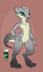 2017 3_fingers 3_toes anthro ass athletic biped claws female flat_chested green_eyes green_sclera grey_scales hi_res horn kobold long_tail looking_away multicolored_scales multicolored_tail nimtai nude pussy red_background scales scalie short simple_background smile solo spikes standing thick_tail toes