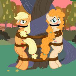 2017 applejack_(mlp) arms_behind_back ball_gag black_ball_gag blue_eyes blush bondage bound bound_to_tree captured daughter duo equine female femsub feral food forest freckles friendship_is_magic fruit gag gagged green_eyes horse looking_at_viewer mammal mother mother_and_daughter multiple_girls multiple_subs my_little_pony parent pear pear_butter_(mlp) pony radiantrealm restrained rope tied_to_tree tied_up tree