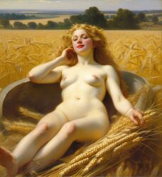 1girls ai_generated belly blonde_hair blue_eyes breasts curly_hair curvy field lips long_hair medium_breasts navel nipples nude presenting realistic smile solo wheat wheat_field william_bouguereau