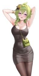 armpits arms_behind_head arms_over_head arms_up blush cleavage collarbone collei_(genshin_impact) covered_navel dress earrings exposed_shoulders genshin_impact green_hair green_purse headwear hips_wider_than_shoulders large_breasts leggings looking_at_viewer lunacle navel navel_visible_through_clothes open_mouth open_smile pantyhose purple_earrings purple_eyes purse shoulder_bag smile smiling smiling_at_viewer solo_female thick_thighs tight_clothes tight_clothing tight_dress tight_fit wide_hips wristwear