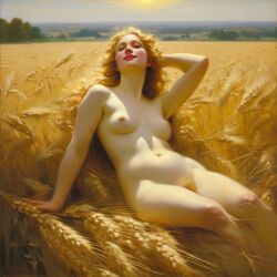 ai_generated belly blonde_hair blue_eyes breasts bushy_pubes curly_hair curvy field lips long_hair medium_breasts navel nipples nude presenting pubic_hair realistic smile solo sun wheat wheat_field william_bouguereau