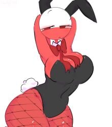 1girls arms_behind_head bunny_ears bunnysuit countryhumans countryhumans_girl curvy fishnets kak0yt0_chel poland_(countryhumans) red_body ribbon simple_background tagme