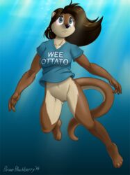 2014 anthro blue_eyes bottomless brian_mcpherson brown_hair bubble casual_exposure clothed clothing english_text female female_only hair mammal mustelid otter pussy shirt solo swimming tagme tallula text underwater water