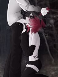 armwarmer black_armwear black_eyes black_hair black_stockings blowjob clothed creepypasta deepthroat emo eyes_rolling_back femboy forest hair_grab jeff_the_killer looking_up monster_on_femboy nightmare_husbando oc_x_canon pale_skin piercing red_hair rotten rotten4c saliva self_upload serial_killer stockings tattoo twink white_hoodie