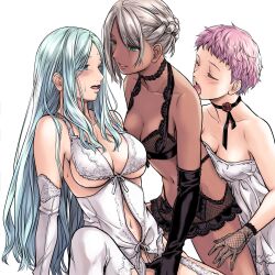 3girls black_bra black_choker black_gloves black_panties blue_eyes blue_hair blush bra breasts choker cleavage closed_eyes commentary_request dark-skinned_female dark_skin dress elbow_gloves fff_threesome fingering gloves green_eyes grey_hair group_sex highres large_breasts licking_another lingerie long_hair medium_breasts multiple_girls navel open_mouth original panties pink_hair revealing_clothes short_hair simple_background sitting smile sweat takekawa_shin threesome underwear very_short_hair white_background white_dress white_gloves yuri