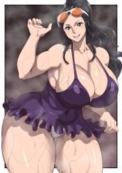 1girls black_hair blue_eyes breasts curvaceous curvy curvy_figure dress female female_only hi_res large_breasts light-skinned_female light_skin looking_at_viewer nico_robin one_piece oryuto ponytail solo thick_thighs thighs tied_hair wide_hips