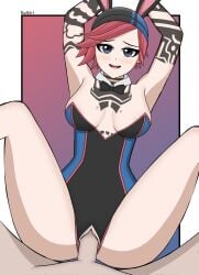 arms_up black_clothing black_eyes blue_clothing bowtie_collar bunny_ears bunnysuit collar commission crotchless daikiri_di_mon easy_access fortnite fortnite:_battle_royale nitebeam_(fortnite) pink_hair sex smiling spread_legs straight striped_clothing tattoos vaginal_penetration