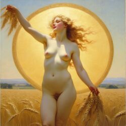 ai_generated belly blonde_hair blue_eyes breasts curly_hair curvy field halo lips long_hair navel nipples nude presenting pubic_hair realistic small_breasts smile solo sun wheat wheat_field william_bouguereau