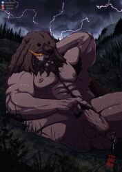 1boy 1male balls bara bara_tiddies bara_tits barazoku bear_pelt beard big_arms dripping erection garvan gay glowing_eyes huge_cock league_of_legends lightning masturbation muscular muscular_arms muscular_male precum_drip solo storm udyr veiny_penis