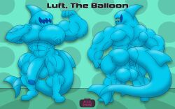 4_fingers abs absurd_res animal_balloon animal_humanoid animate_inanimate annaengine ass back_muscles backsack balloon balloon_humanoid balls biceps big_balls big_muscles big_pecs big_penis big_tail biped blue_body circumcised digital_drawing_(artwork) digital_media_(artwork) english_text eyeless featureless_feet feet fingers fish fish_humanoid flaccid flexing front_view genitals hi_res huge_pecs humanoid humanoid_genitalia humanoid_penis inflatable living_balloon living_inflatable male marine marine_humanoid model_sheet monotone_body muscular muscular_humanoid muscular_male nipples nude open_mouth pecs penis rear_view shaped_balloon shark shark_fin shark_humanoid shark_tail sharp_teeth simple_background smile solo standing tail teeth text unusual_anatomy unusual_nipples