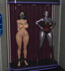 3d alan_smithee arms_behind_back black_hair body_writing bound bound_ankles completely_nude completely_nude_female dc dc_comics large_breasts mannequin nude nude_female trophy_case wonder_woman wonder_woman_(series)