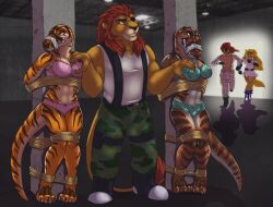 1boy 4girls amber_(raphael) anthro anthrosaurs bondage bound bound_arms bound_legs bra breast_grab drawn eyepatch fcsimba furry gagged green_bra green_panties lion_boy male matilda_(raphael) multiple_girls original_character panties pink_bra pink_panties scalie sharpfury tied_to_pole underwear