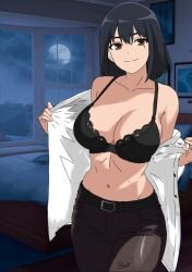 1girls big_breasts black_bra bra looking_at_viewer masckspektra misaki_nagatoro open_shirt please_don't_bully_me,_nagatoro room smile solo solo_female