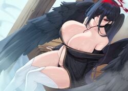 1girls areola_slip arm_support black_feathers black_hair black_wings blue_archive choker clouds feathered_wings funaya_(a2brasd) gigantic_breasts halo hasumi_(blue_archive) huge_breasts justice_task_force_(blue_archive) kimono large_breasts leggings light-skinned_female light_skin red_eyes sitting thick_thighs thighs top_heavy trinity_general_school_student wings