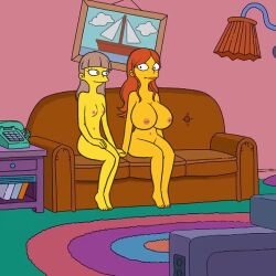 20th_century_fox 20th_century_studios artstyle_imitation barefoot belly_button breasts brown_hair clara_garcia completely_nude completely_nude_female couch couple female holding_hands huge_breasts joana_jimenez long_hair mole nairod103098 navel nipples nude nude_female sitting tagme the_simpsons