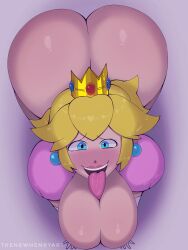 1female 1girls 2d ass_focus big_areola big_ass blue_eyes boobs breasts_out crown fat_ass female_only looking_at_viewer mario_(series) nintendo on_all_fours on_knees princess princess_peach seductive_look slut super_mario_bros. the_new_henryart tongue_out yellow_hair