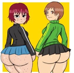 2girls artist_request ass big_ass bottom_heavy bottomless bottomless_skirt brown_hair crossover freckles freckles_on_ass freckles_on_face green_jacket jacket kim_pine megami_tensei miniskirt no_panties persona persona_4 red_hair satonaka_chie scott_pilgrim skirt thick thick_ass thick_thighs vensaku yellow_background