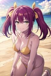 ai_generated amasawa_ichika beach_background belly_button busty classroom_of_the_elite looking_at_viewer mrcluckyou pigtails pink_hair school_uniform smiling stomach yellow_eyes