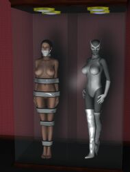 3d bound bound_arms bound_legs gagged leotard mannequin nude nude_female original original_character solsticeheroine trophy_case white_leotard white_owl