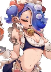 2022 bell bell_collar blue_hair cephalopod cephalopod_humanoid cleavage collar ear_piercing earrings exposed_belly fangs female female_only hair_over_one_eye hair_ribbon hi_res high_resolution highres japanese_female light-skinned_female maid maid_headdress maid_uniform moudameda17 nintendo nintendo_switch octoling red_eyes ribbon ribbon_in_hair ribbons server shark shiver_(splatoon) shiver_hohojiro splatoon splatoon_(series) splatoon_3 sweat sweatdrop tagme tattoo tentacle tentacle_hair thong tongue tongue_out waitress