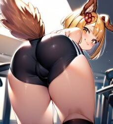 1girls ai_generated ai_hands ass ass ass_focus bent_over butt_focus camel_toe cameltoe dog_ears dog_girl dog_tail female female_focus female_only from_behind from_below granblue_fantasy gym_clothes gym_shorts gym_uniform hair hair_ornament indoors leaning leaning_forward light-skinned_female light_skin looking_at_viewer looking_back onkomaker orange_eyes short_hair shorts simple_background smile solo solo_female solo_focus spats spats_shorts thick_thighs thigh_highs thighhighs thighs vajra_(granblue_fantasy) wide_thighs yellow_hair