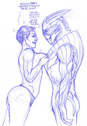 alien breasts clothed clothing commander_shepard dialogue drunk female femshep garrus_vakarian holding_breast human interspecies male mammal mass_effect nipples nude panties reginaprimata sketch straight topless underwear video_games