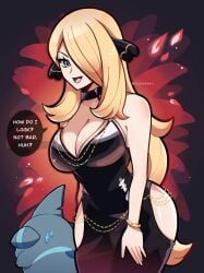 1girls artist_name black_dress blonde_hair blue_eyes bracelet busty cleavage cynthia_(pokemon) exposed_thighs gible gold_chain hair_covering_eye hips light-skinned_female light_skin modakawa_dress nintendo pokemon pokemon_(species) smiling thighs touyarokii twitter_username