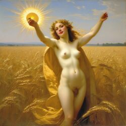 ai_generated belly blonde_hair blue_eyes breasts convenient_censoring curly_hair curvy field flower_in_hair halo lips long_hair navel nipples nude presenting realistic small_breasts smile solo sun wheat wheat_field william_bouguereau