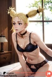 1girls ai_generated blonde_hair choker commission female jujutsu_kaisen lingerie nishimiya_momo patreon patreon_username solo sultryspark twintails yellow_hair