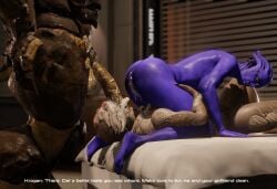 1boy 2girls 3d alien alien_girl aria_t'loak bisexual bisexual_female cheap-wazoo comic cuckquean cuckquean_pie felching female interspecies krogan mass_effect mff_threesome nyreen_kandros threesome