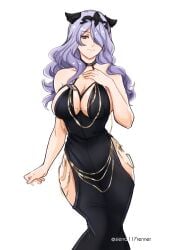 1girls alternate_costume artist_name bare_shoulders black_dress breasts busty camilla_(fire_emblem) cleavage closed_mouth clothing_cutout commentary dress english_commentary fake_horns female female_only fire_emblem fire_emblem_fates formal hair_ornament hair_over_one_eye highres horns large_breasts long_hair meme_attire modakawa_dress nintendo one_eye_covered purple_eyes purple_hair sierra117renner simple_background smile solo strapless strapless_dress twitter_username wavy_hair white_background