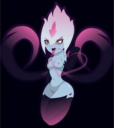 big_breasts big_hips blue_skin cat_eyes claws evelynn gloves league_of_legends pink_hair succubus thigh_highs white_hair yellow_eyes zabthekabbit