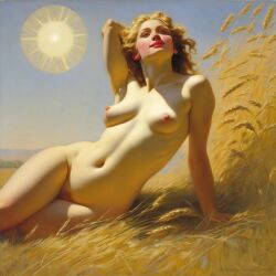 ai_generated belly blonde_hair blue_eyes breasts curly_hair curvy field lips long_hair medium_breasts navel nipples nude presenting pubic_hair realistic smile solo sun wheat wheat_field william_bouguereau