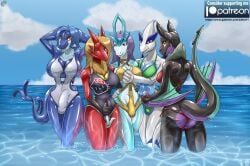 2017 amber_(ncad) anthro beach beatrice_(ncad) bikini blaziken clothing digital_drawing_(artwork) digital_media_(artwork) disguise female generation_2_pokemon generation_3_pokemon generation_6_pokemon group hi_res latex latex_clothing latex_skinsuit legendary_pokemon libra-11 lugia luna_(ncad) mtf_crossgender nintendo noivern one-piece_swimsuit pokemon pokemon_(species) rule_63 skinsuit sophie_(ncad) suicune swimwear tight_clothing