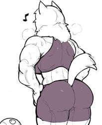 animal_ears ass back dog_girl felicia_(krekk0v) female female_only krekk0v large_ass monochrome muscles muscular_female solo sweat tail