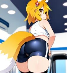 1girls ai_generated ai_hands ass ass_bigger_than_head ass_focus black_thighhighs blue_shorts butt_bigger_than_head butt_focus crop_top female female_focus female_only fox_ears fox_girl fox_tail from_behind from_below gym gym_clothes gym_clothing gym_shirt gym_shorts gym_uniform hair_ornament happy hips hips_wider_than_shoulders kemonomimi kitsune looking_at_viewer looking_back onkomaker orange_hair senko_(sewayaki_kitsune_no_senko-san) sewayaki_kitsune_no_senko-san simple_background smile solo solo_female spats spats_shorts sports_shorts sports_uniform sportswear tail tank_top thick_ass thick_butt thick_thighs thighhighs thighs white_tank_top wide_hips wide_thighs