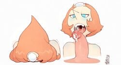 1boy 1girls 34no404 alien balls_deep big_nose blowjob blue_eyes blush cartoon_network cum cum_in_mouth cumshot deepthroat duo eyelashes fellatio female gem_(species) ginger interspecies jewel open_mouth oral orange_hair pearl_(steven_universe) penis pov saliva sex short_hair smile steven_universe straight tagme