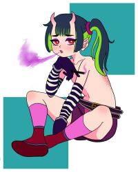 1femboy apple_green_hair arm_wraps beauteouscalithea belt belt_buckle bruises cigarette eyebrows eyeshadow femboy flat_chest furrowed_eyebrows gloves holding_cigarette horns imp long_socks multicolored_hair oc oni_horns original original_character pale_skin pink_socks pointy_ears ponytail punk purple_eyeshadow purple_smoke red_eyes scars scars_on_back self_upload shirtless shoes shorts side_ponytail simple_background simple_shading skinny small_horns smoke smoking socks two_tone_hair unzipped_shorts